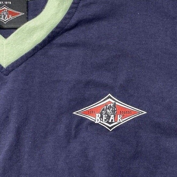 Bear Surfboards Logo T-Shirt Dark Blue Surf Shirt Retro V Neck Vintage Large - Picture 6 of 7
